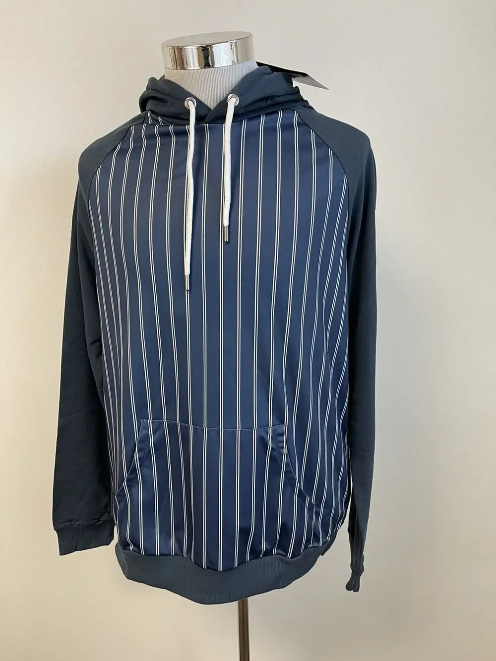 Boohoo Hoodie Mens Medium Pullover Sweatshirt Striped Blue Long Sleeve N14